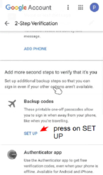 set up or show 8-digit backup code