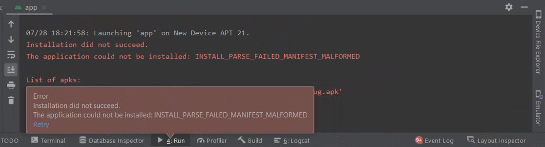 Installation did not succeed INSTALL_PARSE_FAILED_MANIFEST_MALFORMED