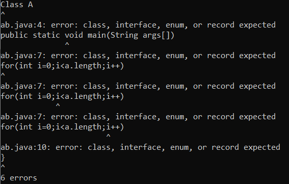 error: class, interface, enum, or record expected in java