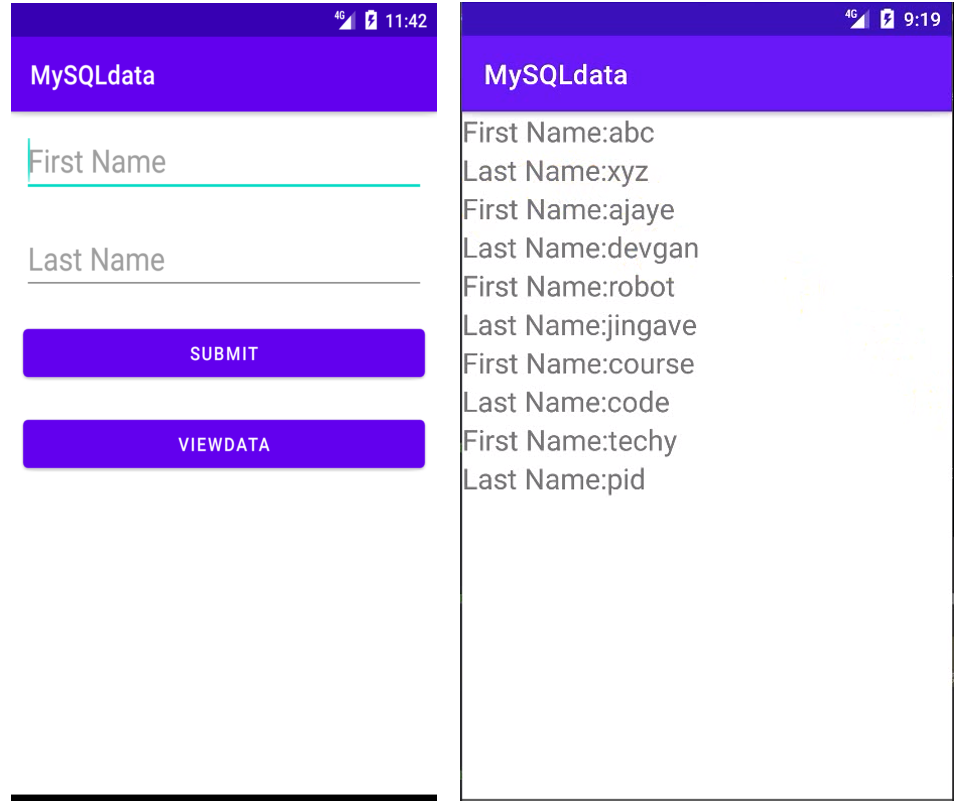 sent data to MySQL database and display android recyclerview