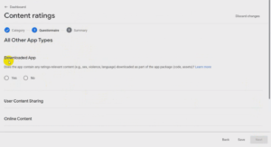 Content ratings page in google play console